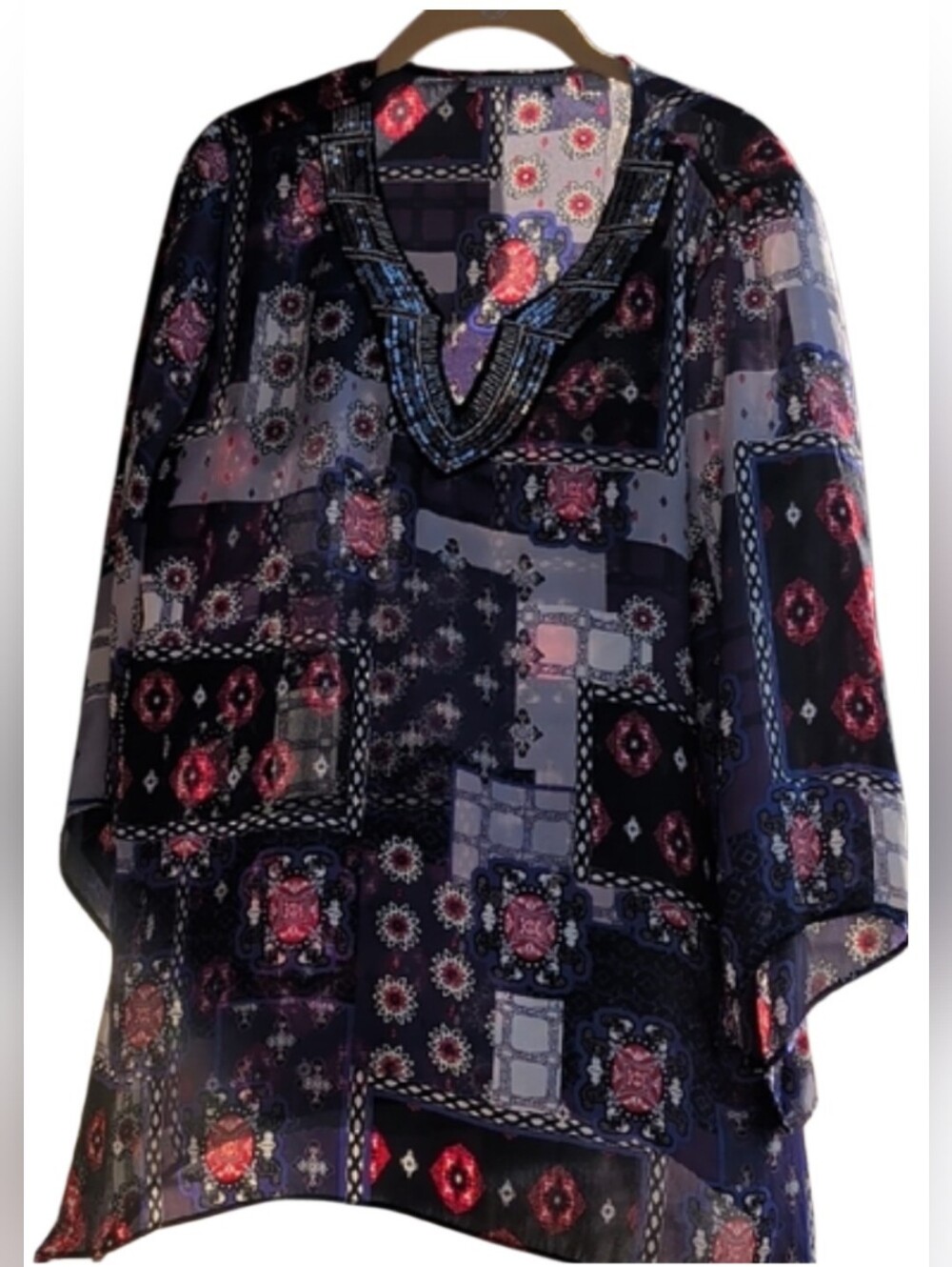 Valerie Stevens Sheer Patchwork Floral Tunic in Black and Purple